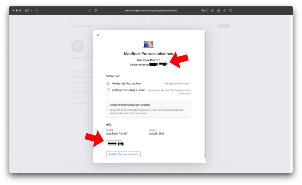 Die Seriennummer des Mac über die Apple-Account-Webseite finden: Mein MacBook Pro als Beispiel.