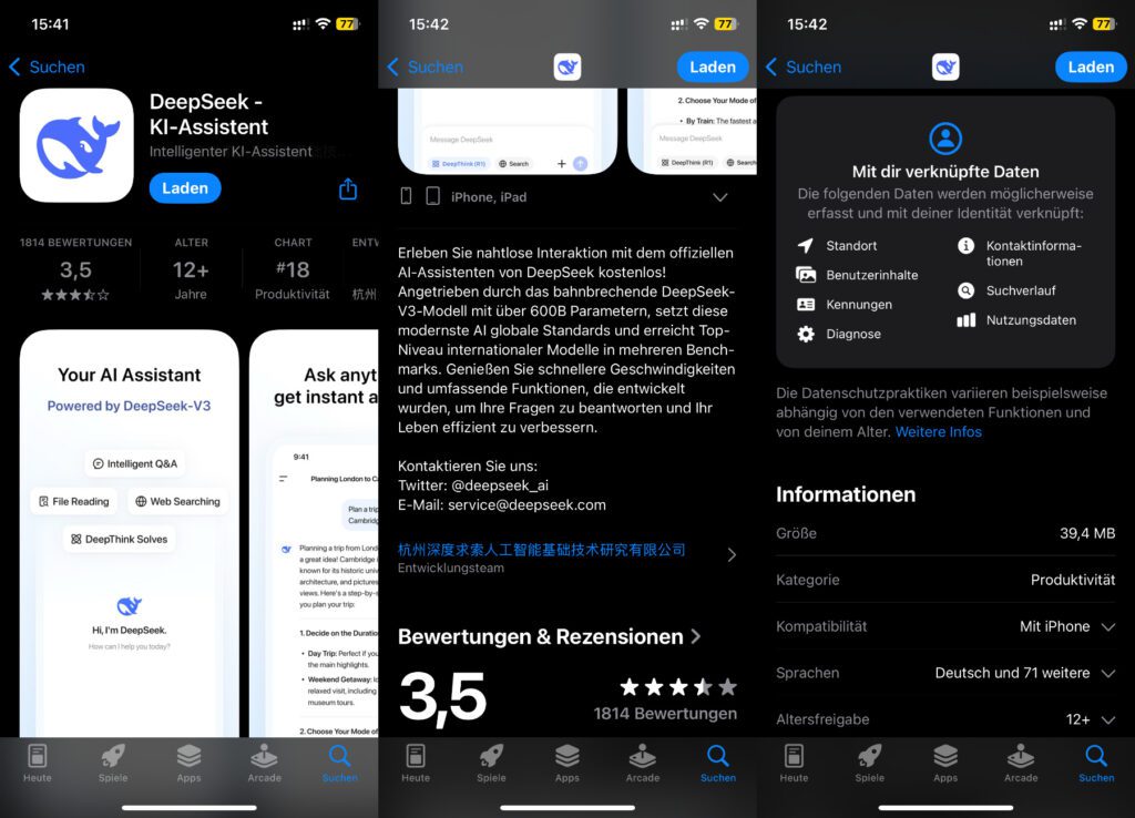 Die DeepSeek App erhebt eine Menge Daten; zusätzlich dazu werden auch alle Chats und hochgeladenen Dokumente auf chinesischen Servern gespeichert.