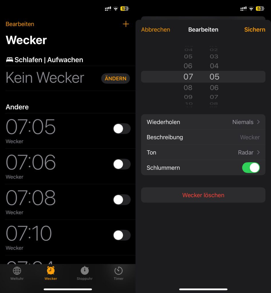 Die Wecker-Einstellungen der iPhone Uhr App unter iOS 18: Wenn man Schlummern aktiviert, lässt sich noch keine Zeitspanne auswählen.