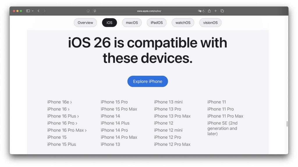 Diese iPhone-Modelle sind mit iOS 26 kompatibel. Im Vergleich zu iOS 18 fallen die Geräte aus 2018 (XR, XS und XS Max) heraus.