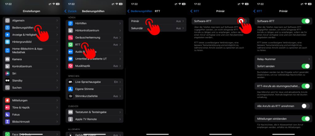 RTT am iPhone einschalten: In den iOS-Einstellungen die Bedienungshilfen sowie dort den Bereich "Hören" aufrufen.