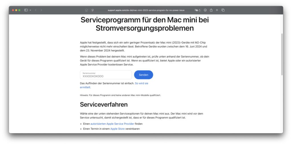 Apples Support-Seite für das beschriebene Reparaturprogramm.
