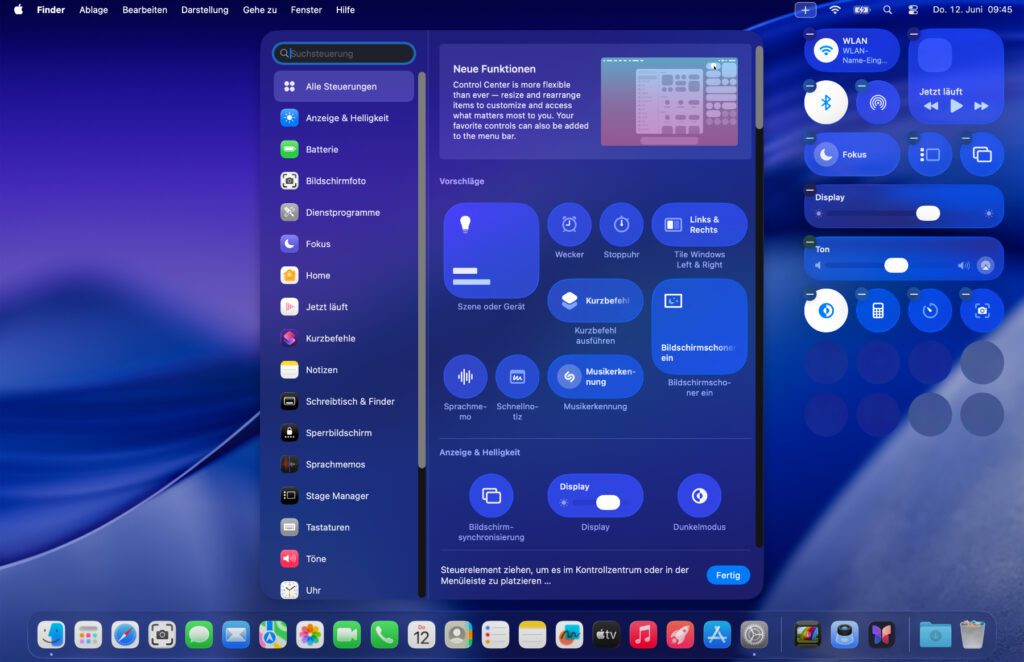 Umfangreiche Anpassungsmöglichkeiten des Kontrollzentrums unter macOS 26 Tahoe.