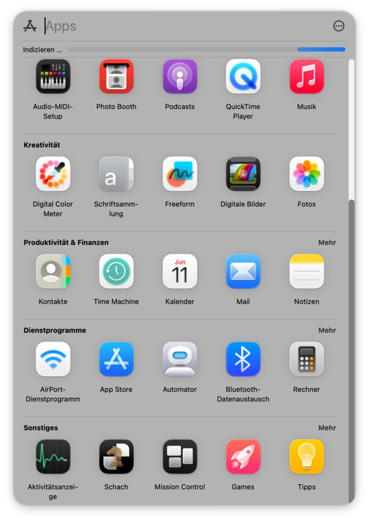 Die neue App-Übersicht in macOS 26 Tahoe: In der Höhe, aber nicht in der Breite anpassbar.