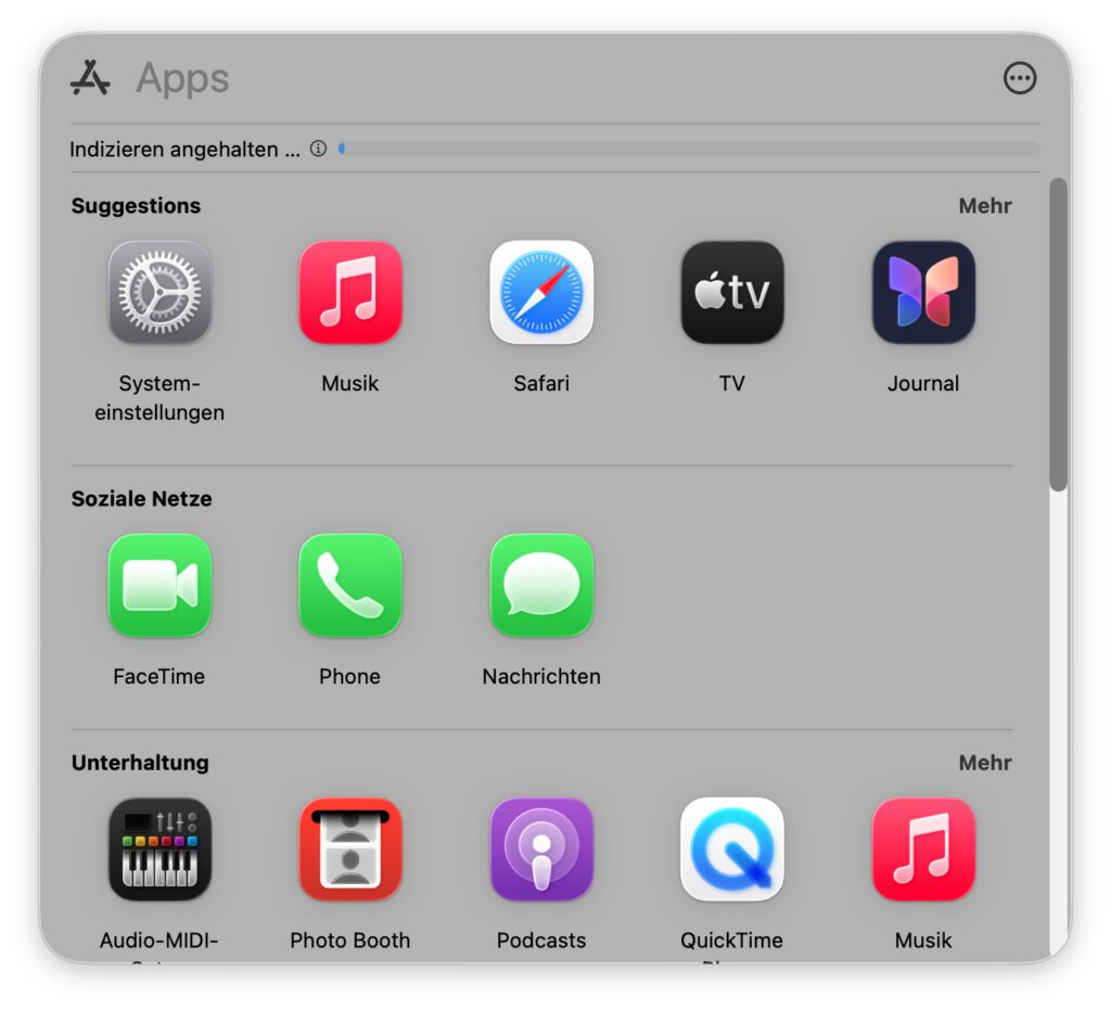 Die neue App-Übersicht von Spotlight die als "Apps App" in macOS 26 Tahoe das Launchpad ablöst. Hinweis: Eigentlich sieht das Fenster heller und transparenter aus; als Screenshot wirkt es eher grau.