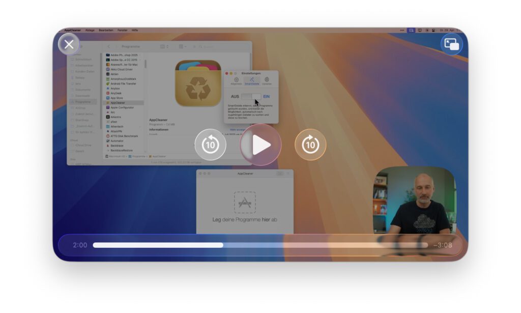Eine weitere Bild-in-Bild-Anzeige von macOS 26 Tahoe mit Glas-Effekten.