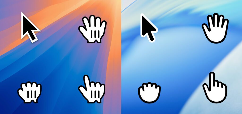 Links: Die gewohnten Mac-Cursor mit dem eckigen Zeiger und den Comic-Handschuhen. Rechts: Die neuen Cursor von macOS Tahoe, mit abgerundetem Zeiger und neuen Hand-Symbolen.