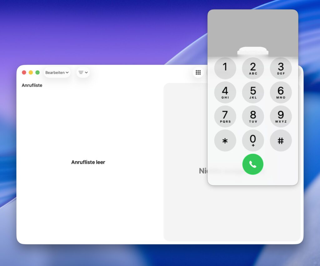 Die Telefon App unter macOS (Screenshot-Grafikfehler unter macOS 26 Beta 2).