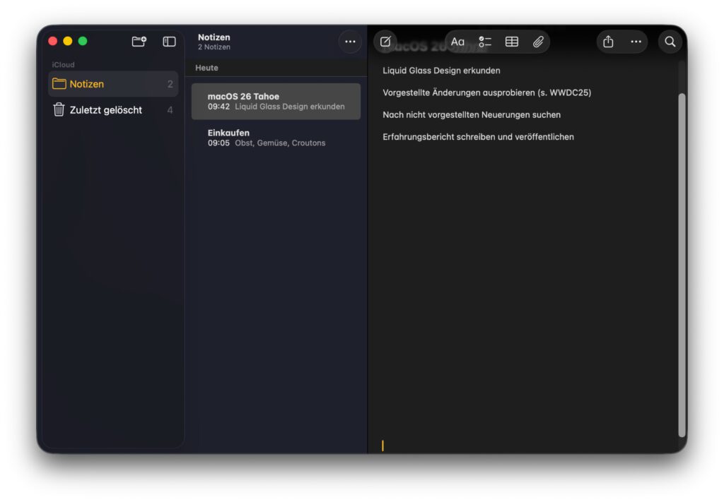 Notizen App in Tahoe (dunkel)