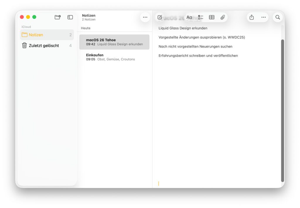 Notizen App in Tahoe (hell)