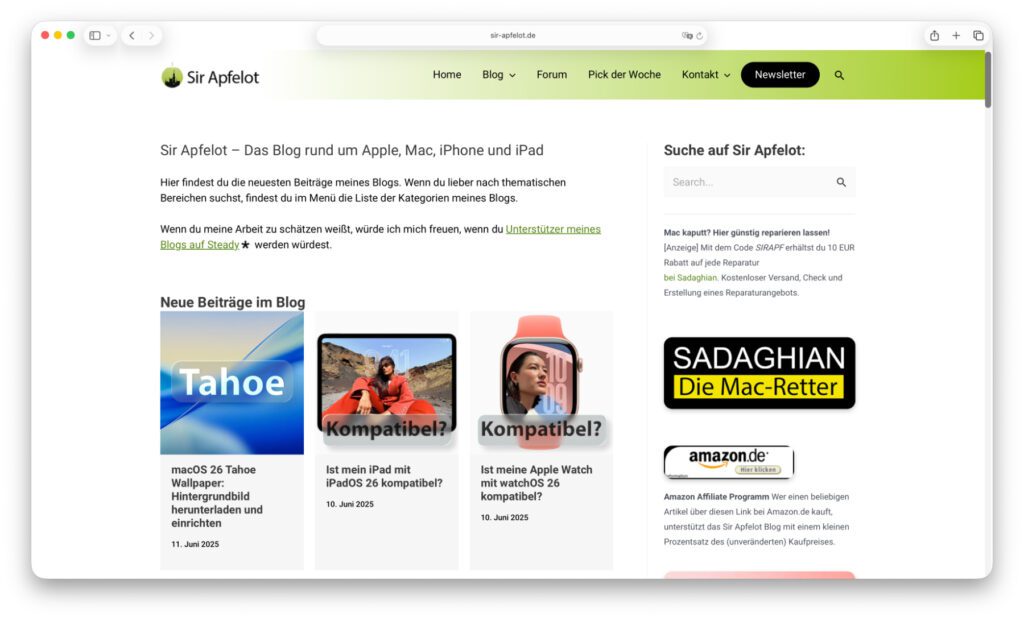 Safari unter macOS 26 Tahoe (helles Design).