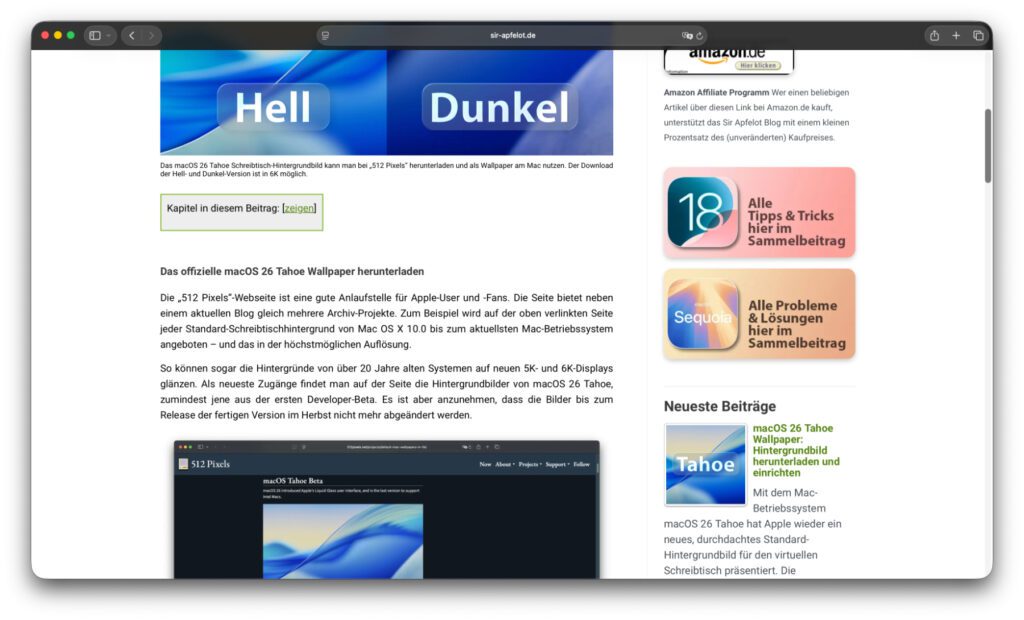 Safari unter macOS 26 Tahoe (dunkles Design).