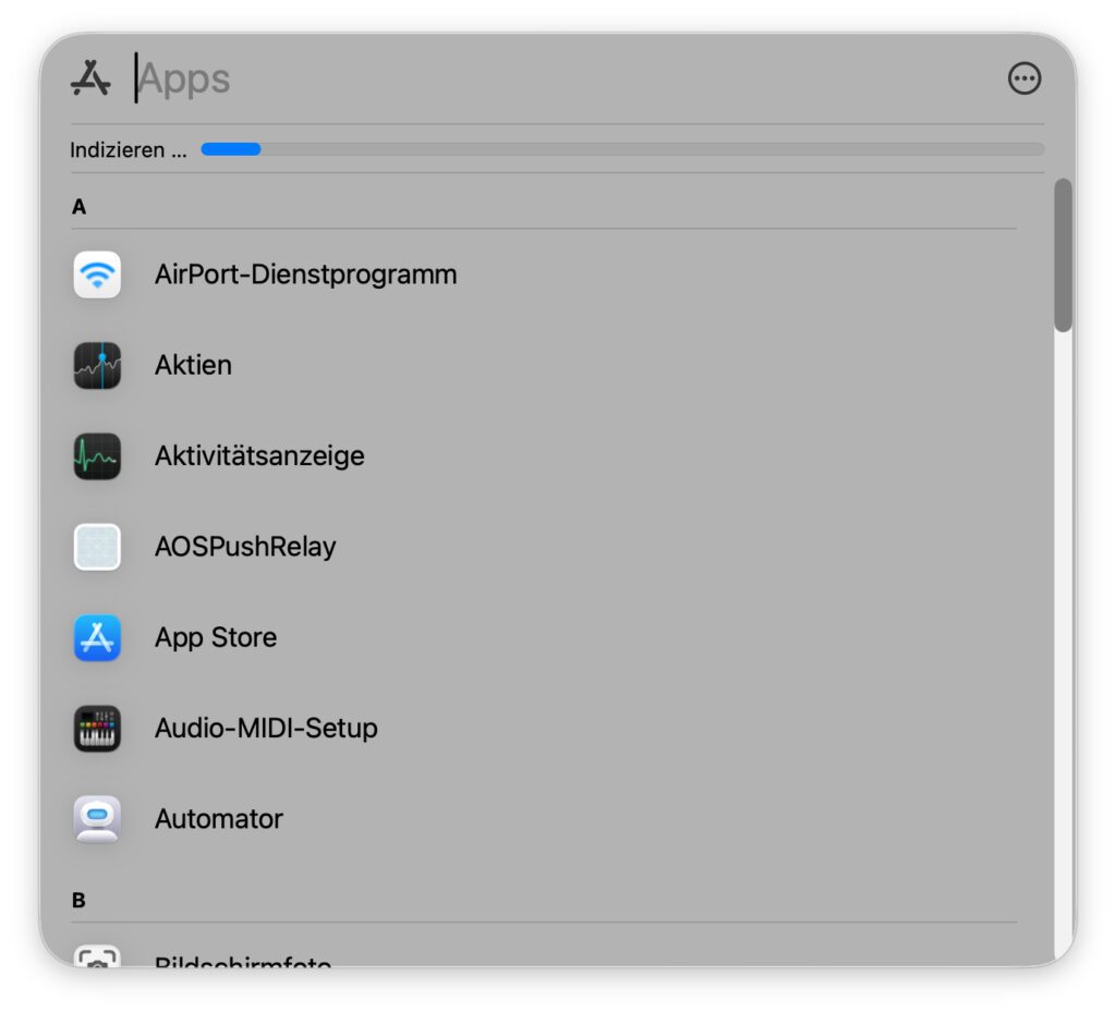Die App-Übersicht als alphabetische Liste.