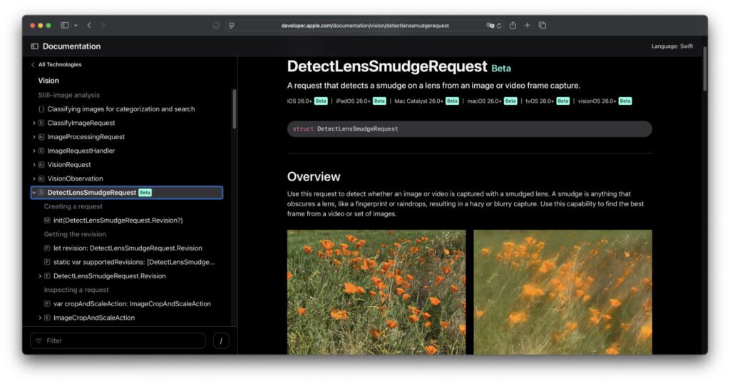 Apples Dokumentation zum DetectLensSmudgeRequest im Vision-Framework.
