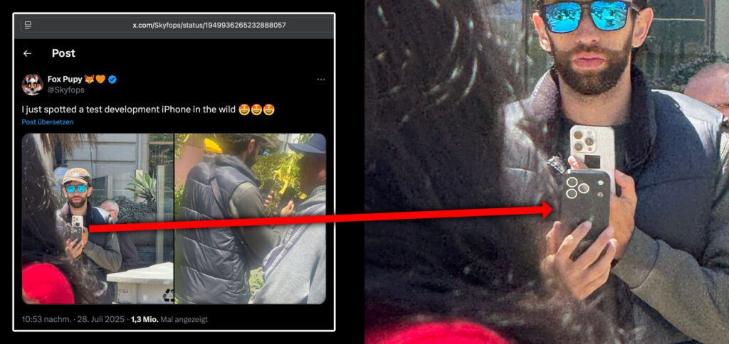 Das Foto soll angeblich das neue Apple iPhone 17 Pro in einer Hülle zeigen. Wer es hält und was mit dem zweiten iPhone gefilmt wird, ist nicht klar.