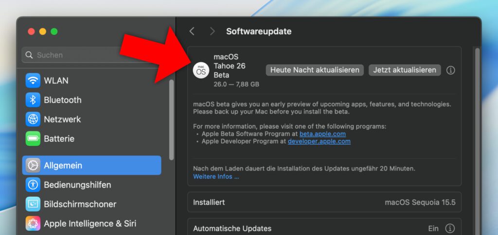 Apple Public Betas: Die Vorabversionen der neuen Betriebssysteme für Mac, iPhone, iPad, Apple Watch und Co. sind da. Hier als Beispiel die macOS 26 Tahoe Public Beta am MacBook.