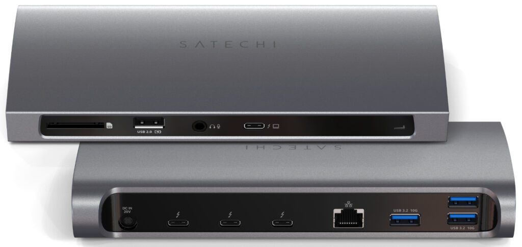 Die Vorder- und Rückseite des 11-in-1-Docks von SATECHI. Zahlreiche Anschlüsse sorgen für die flexible Nutzung von Mac und iPad.