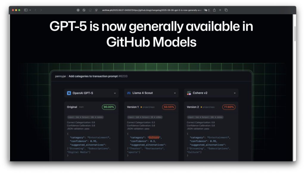 Ein Teil des archivierten Blogbeitrags, der von GitHub entfernt wurde: OpenAI GPT-5 Leak mit Infos zu den vier Modellen sowie Vergleich zur Konkurrenz.