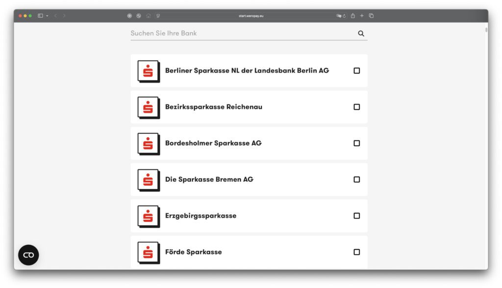 Die verlinkte Seite bietet eine detaillierte Übersicht teilnehmender Wero Banken, Volksbanken und Sparkassen. Hier ein Ausschnitt der Sparkassen-Liste.