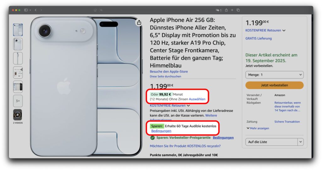 Das Apple iPhone Air finanzieren: Der Ratenkauf ohne Zinsen und Schufa wird bei Amazon mit 60 Tagen gratis Audible aufgewertet.