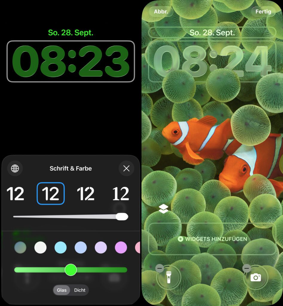 Links: Die ausgesuchte Schriftart kann nicht lang gezogen werden (bisher kann nur die erste Schriftart der Auswahl größer gemacht werden). Rechts: Das ausgewählte Hintergrundbild erlaubt keine größeren Ziffern.