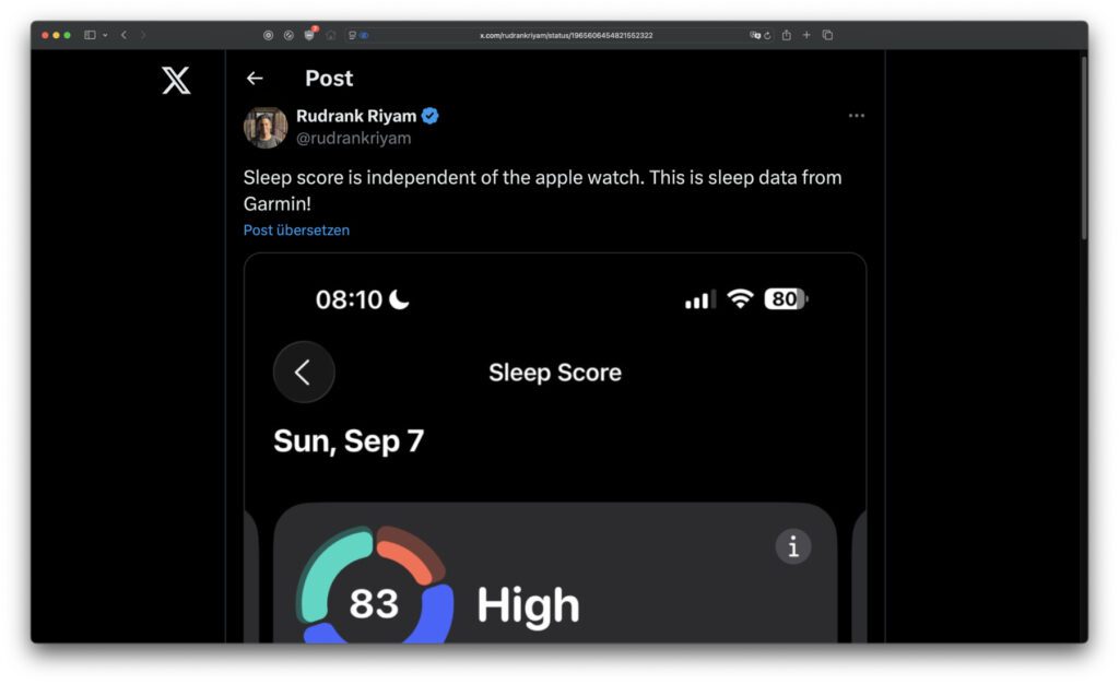 Drittanbieter-Smartwatch für den Apple Schlafindex nutzen: Laut diesem X-Beitrag soll das neue Feature unter iOS 26 auch mit einer Garmin-Uhr funktionieren.