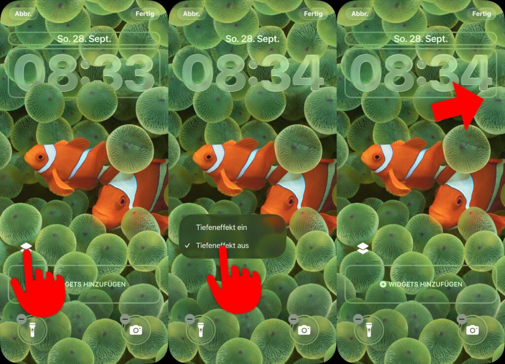 Selbst bei deaktiviertem Tiefeneffekt und der Auswahl einer kompatiblen Schriftart ist vom Greifer, mit dem man die Uhr langzieht, nichts zu sehen. Es muss ein anderer Hintergrund gewählt werden.