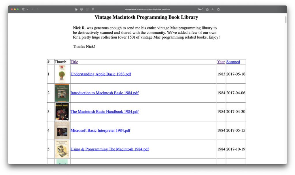 Die Bücher-Scans sind in einer Tabelle sortiert, sodass man sich schnell einen Überblick verschaffen und etwas Interessantes runterladen kann.