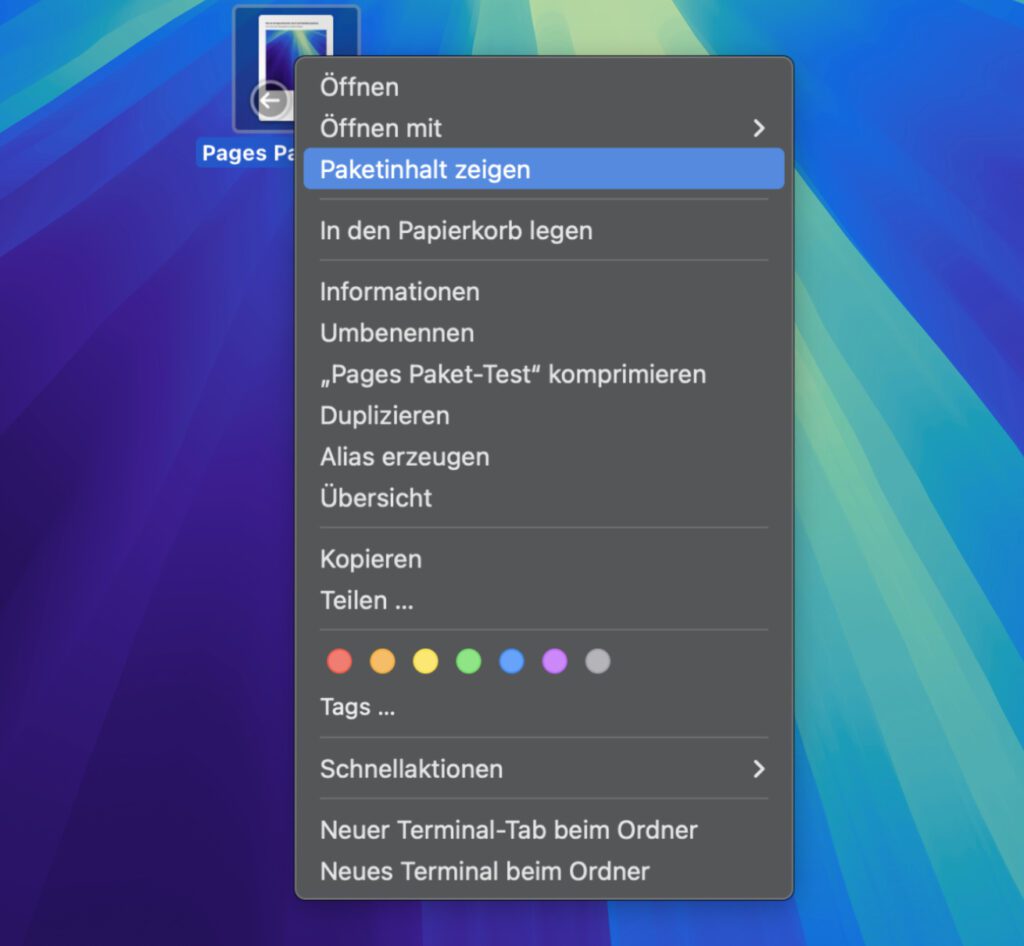 Rechtsklick auf eine Paketdatei und dann „Paketinhalt zeigen“ auswählen.