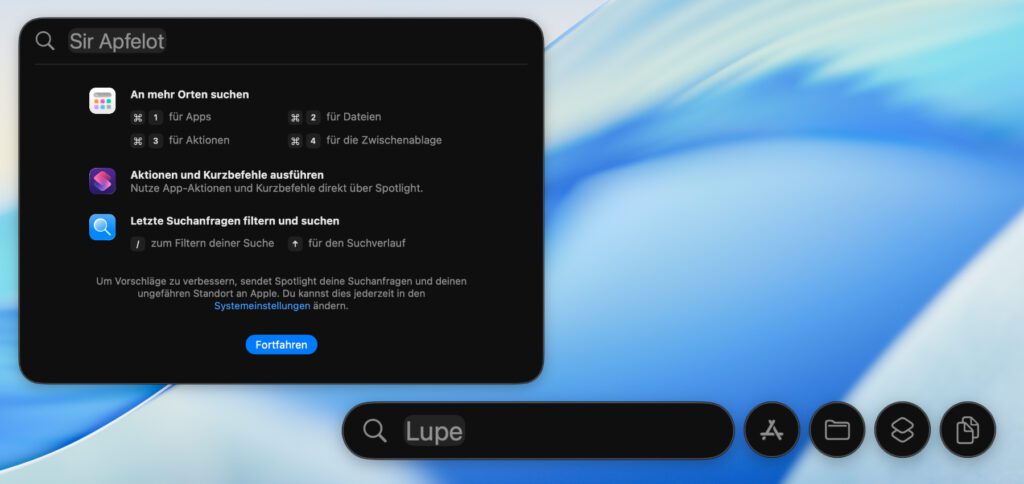 Durch das Drücken der Pfeiltasten nach oben und unten kann man durch den Mac Spotlight Suchverlauf navigieren. Hier die große und kleine Version des neuen Spotlight unter macOS 26 Tahoe.