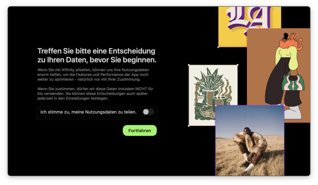 Der zweite Schalter, den man deaktivieren sollte zeigt sich nach der Installation beim Anmelden in der Affinity App.