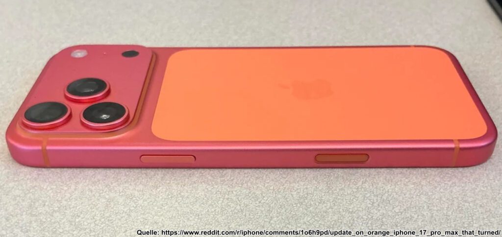 Verfärbung des Apple iPhone 17 Pro Gehäuses: Aus dem Orange wird ein Rosa- bzw. Pink-Farbton. Als Gründe werden Licht- und Wärmeeinwirkung diskutiert.
