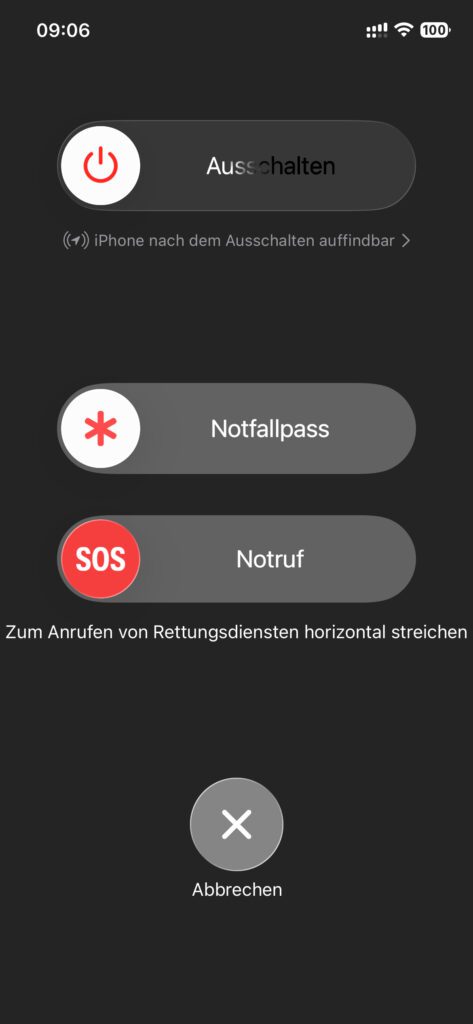 Die iOS-Bedienungshilfe „Einzeltippaktionen bevorzugen“ hat keinen Einfluss auf die Ausschalten-, Notfallpass- und Notruf-Übersicht.