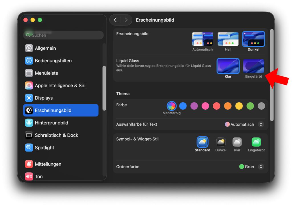 Liquid Glass einfärben am Mac – im Dunkel-Modus.