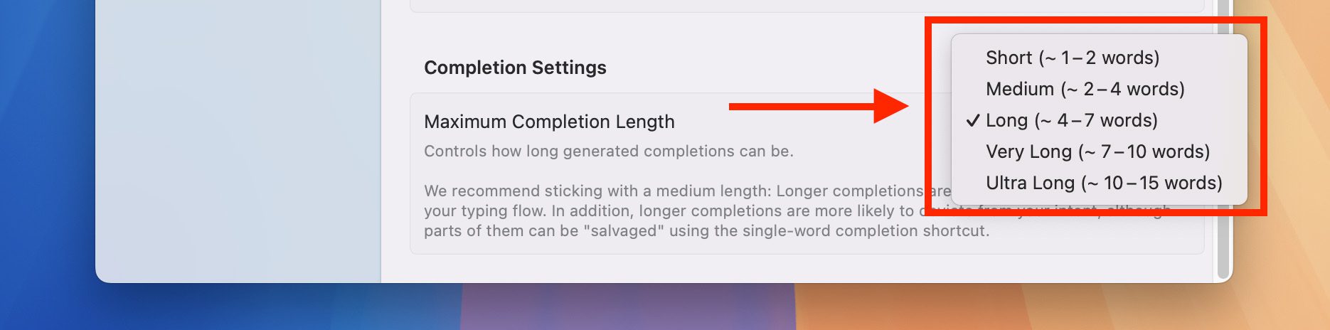 Länge des Autocomplete-Vorschlags
