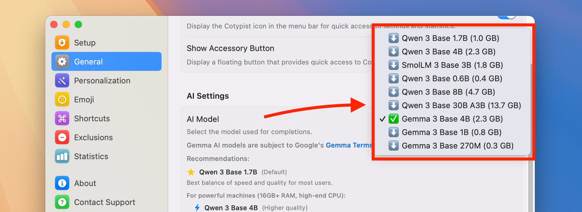 Screenshot KI-Modell auswählen