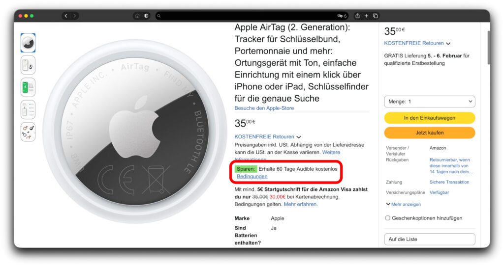 Der Hinweis auf die Aktion auf der Produktseite.