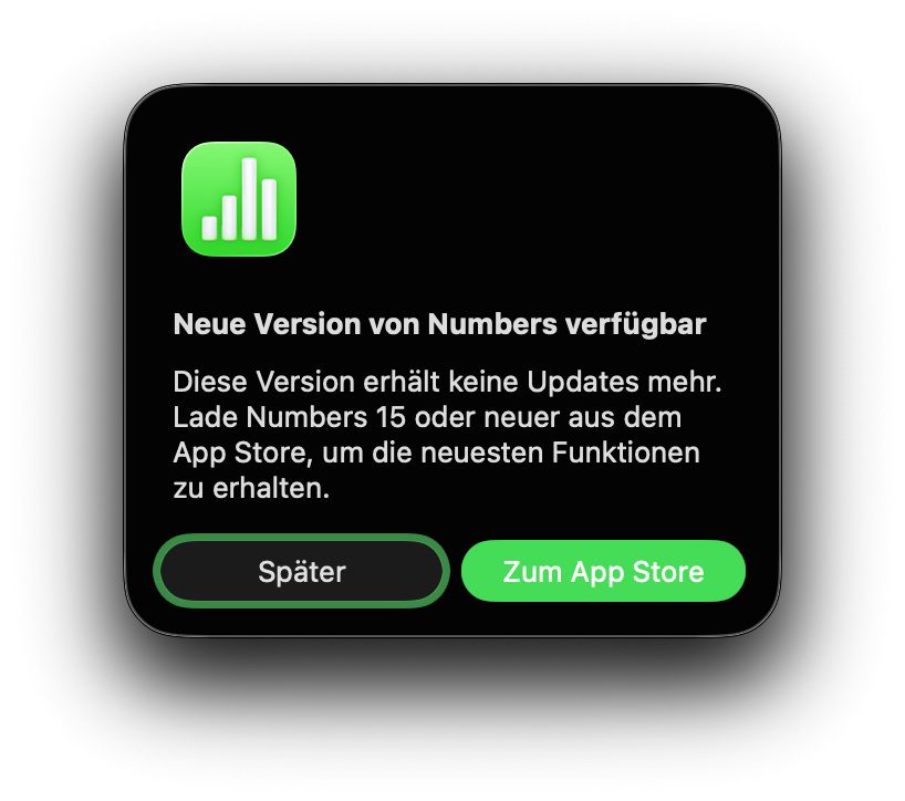Wird Numbers nach dem Update auf die Version 14.5 geöffnet, erscheint einmalig dieser Hinweis.