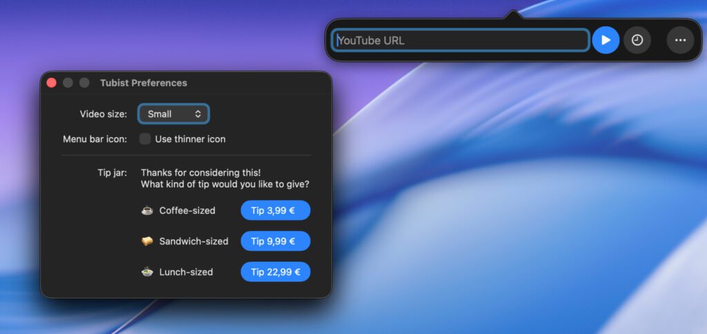 Es gibt Einstellungen für die Player-Größe und die Icon-Breite.