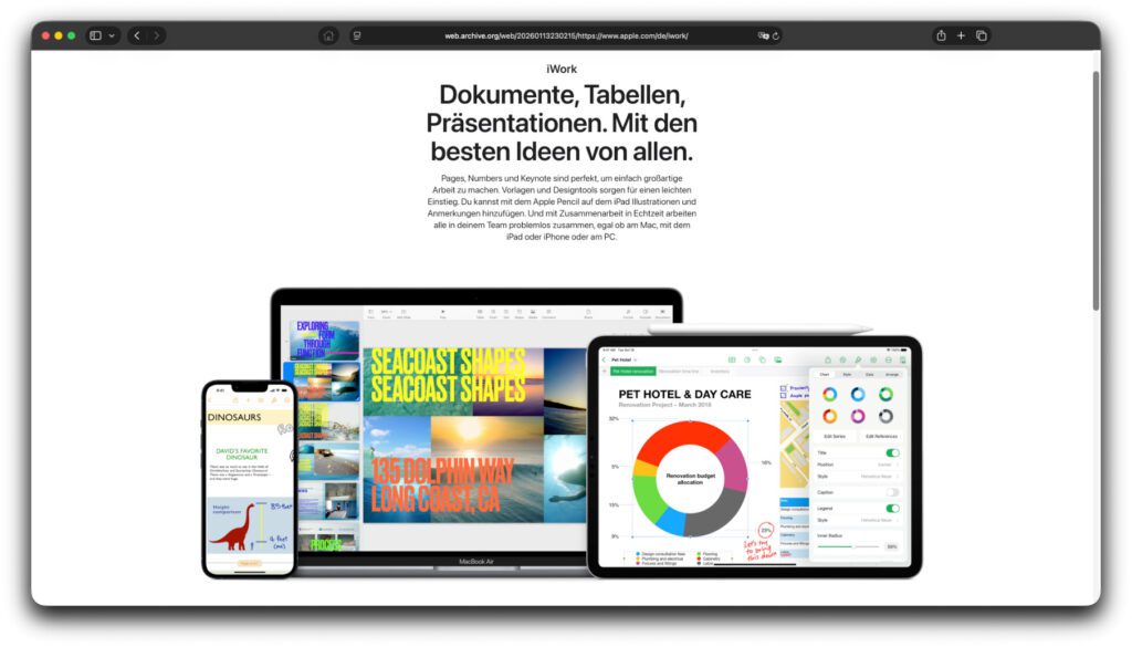 Abbild vom Januar 2026: Apples iWork-Seite informierte über Pages, Numbers und Keynote.