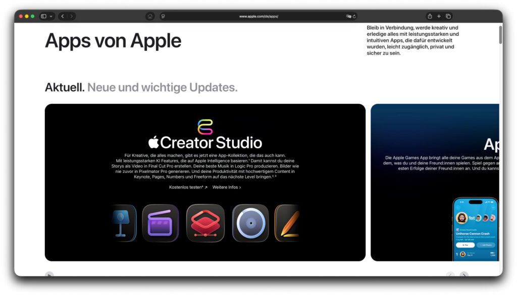 Die 2023 eingeführte Webseite, die alle Apple-Apps (und damit alle Abonnements) aufführt, in der aktuellen Gestaltung. Stand: Mitte Februar 2026.