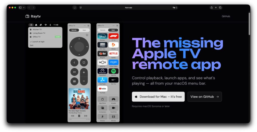 Screenshot der Itsytv Webseite. Dort sowie über Github findet man den gratis Download der App, welche den Mac in eine Apple TV Fernbedienung verwandelt.