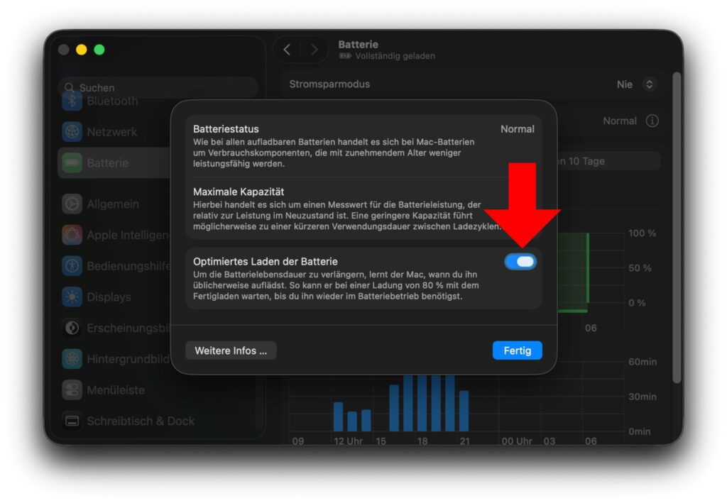 Optimiertes Laden der Batterie – dieses Feature funktioniert nur richtig, wenn man eine feste Nutzungsroutine hat. Bei mir lädt der Mac trotz Aktivierung immer bis 100%. (Screenshot unter macOS 26.3 angefertigt)