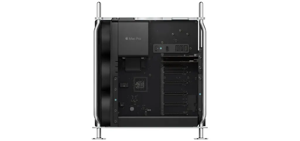 Der Apple Mac Pro von 2023 mit göffnetem Gehäuse. Aufgrund des M2 Ultra als SoC gibt es deutliche Unterschiede zum Vorgänger.