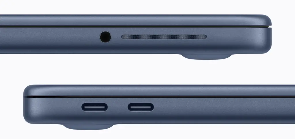 Die Anschlüsse am Apple MacBook Neo: USB-C mit USB 3, USB-C mit USB 2 (unten) und 3,5 mm Klinke für Kopfhörer (oben).