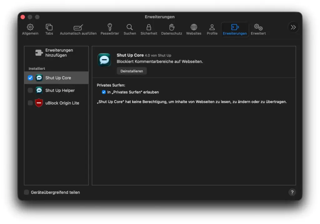Die Erweiterung kann in den Safari-Einstellungen aktiviert und deaktiviert werden.