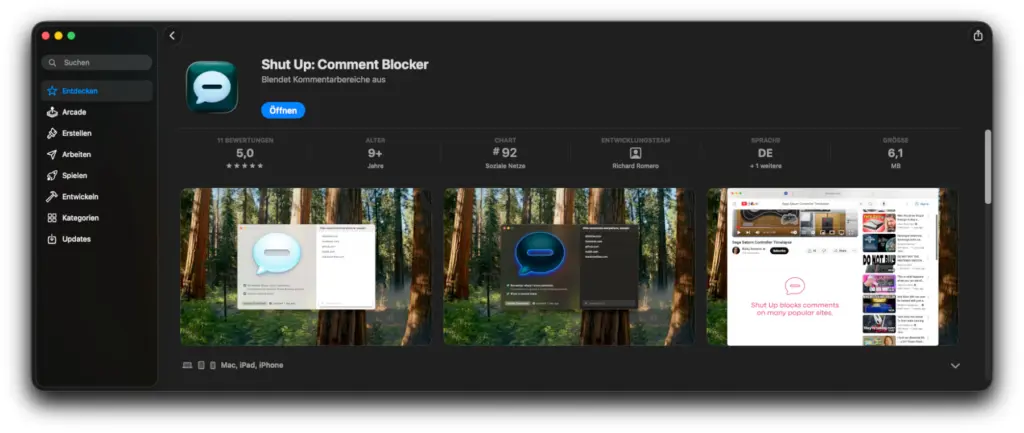 Shut Up als Safari-Erweiterung im Mac App Store.