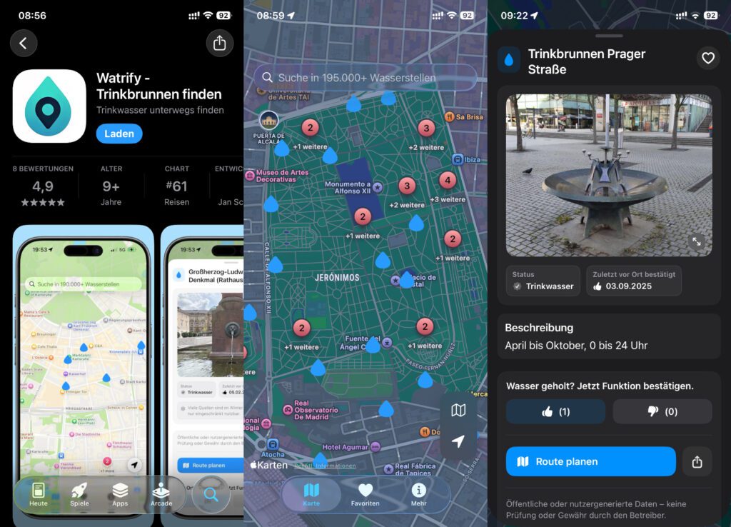 Watrify im iOS App Store, die Anzeige der Wasserspender im Parque del Retiro (Madrid) und eine Detailansicht von der Prager Straße (Dresden).
