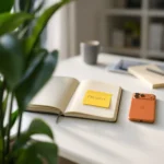 Ein Notizbuch mit einem Post-it mit der Aufschrift Freizeit liegt neben einem Smartphone auf einem Schreibtisch.