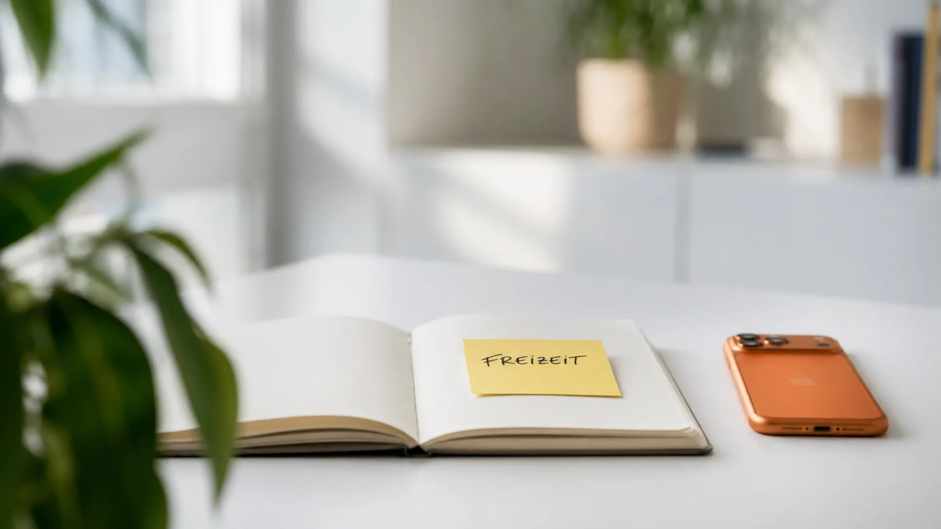 Ein Notizbuch mit einem Post-it mit der Aufschrift Freizeit liegt neben einem Smartphone auf einem Schreibtisch.